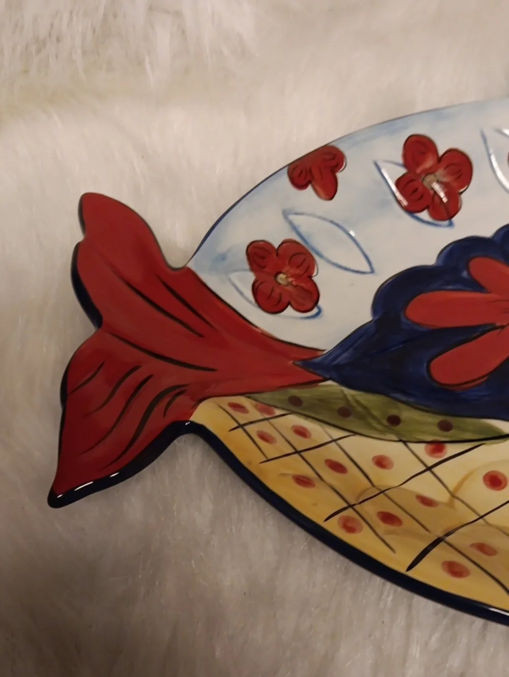 Hand-Painted Fish Ceramic Platter in Yellow, Blue & Red